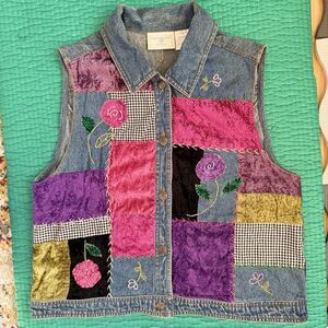 Susan Bristol P L Floral Hand Embroidered Patchwork Denim Vest Y2K 90s Vintage